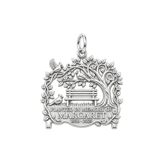 Memorial Garden Bench Charm and Polyester Cord Bracelet Set – silver plated 3 cm charm, front view