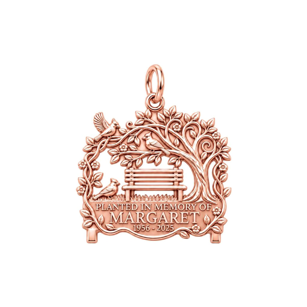 Memorial Garden Bench Charm and Polyester Cord Bracelet Set – rose gold 3 cm charm, front view