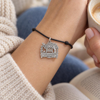 Memorial Garden Bench Charm and Polyester Cord Bracelet Set – worn on the wrist on a black cord bracelet
