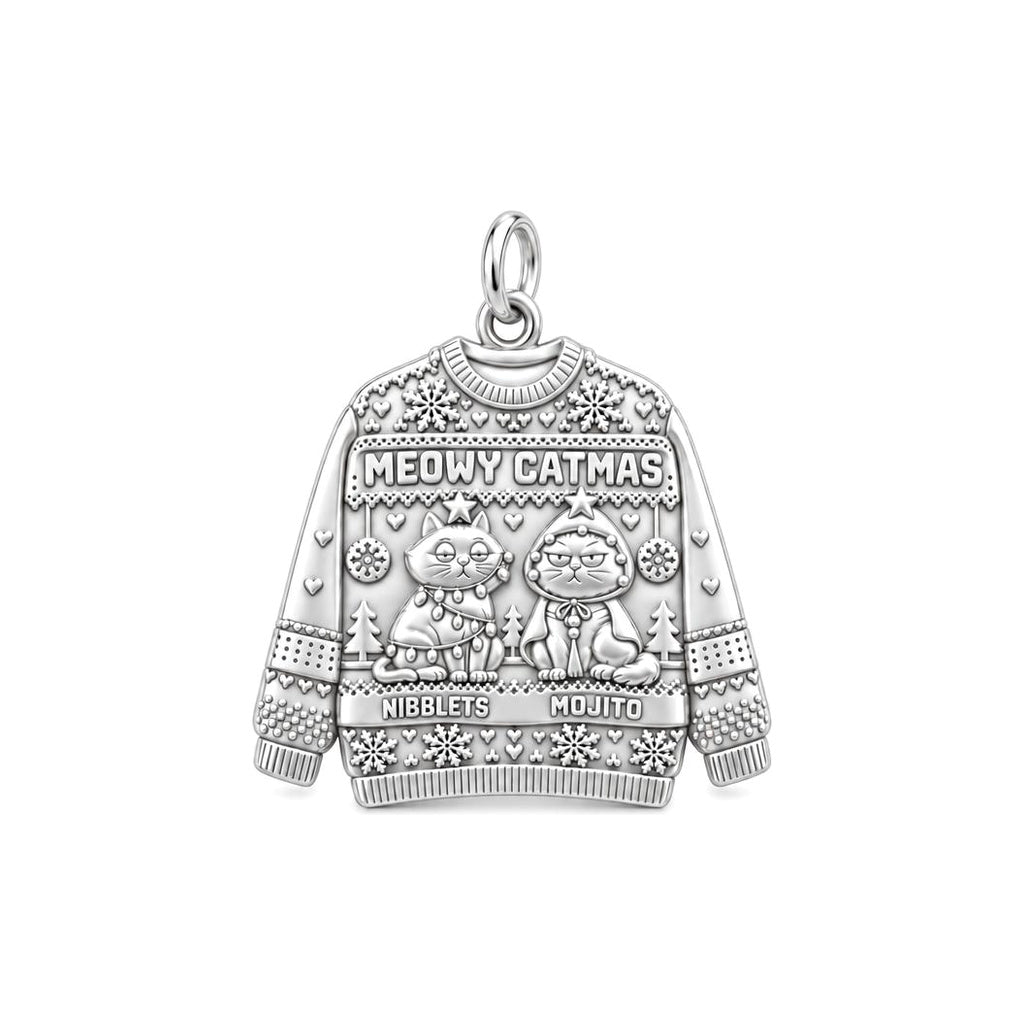 Meowy Catmas Sweater Charm Bracelet – Personalized Cat Mom Gift – silver plated 2 cm charm, front view
