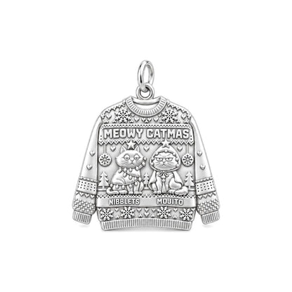 Meowy Catmas Sweater Charm Bracelet – Personalized Cat Mom Gift – silver plated 2 cm charm, front view