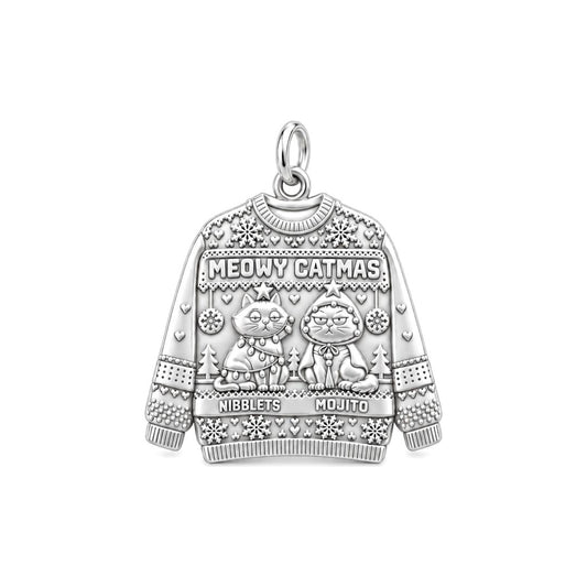 Meowy Catmas Sweater Charm Bracelet – Personalized Cat Mom Gift – silver plated 3 cm charm, front view
