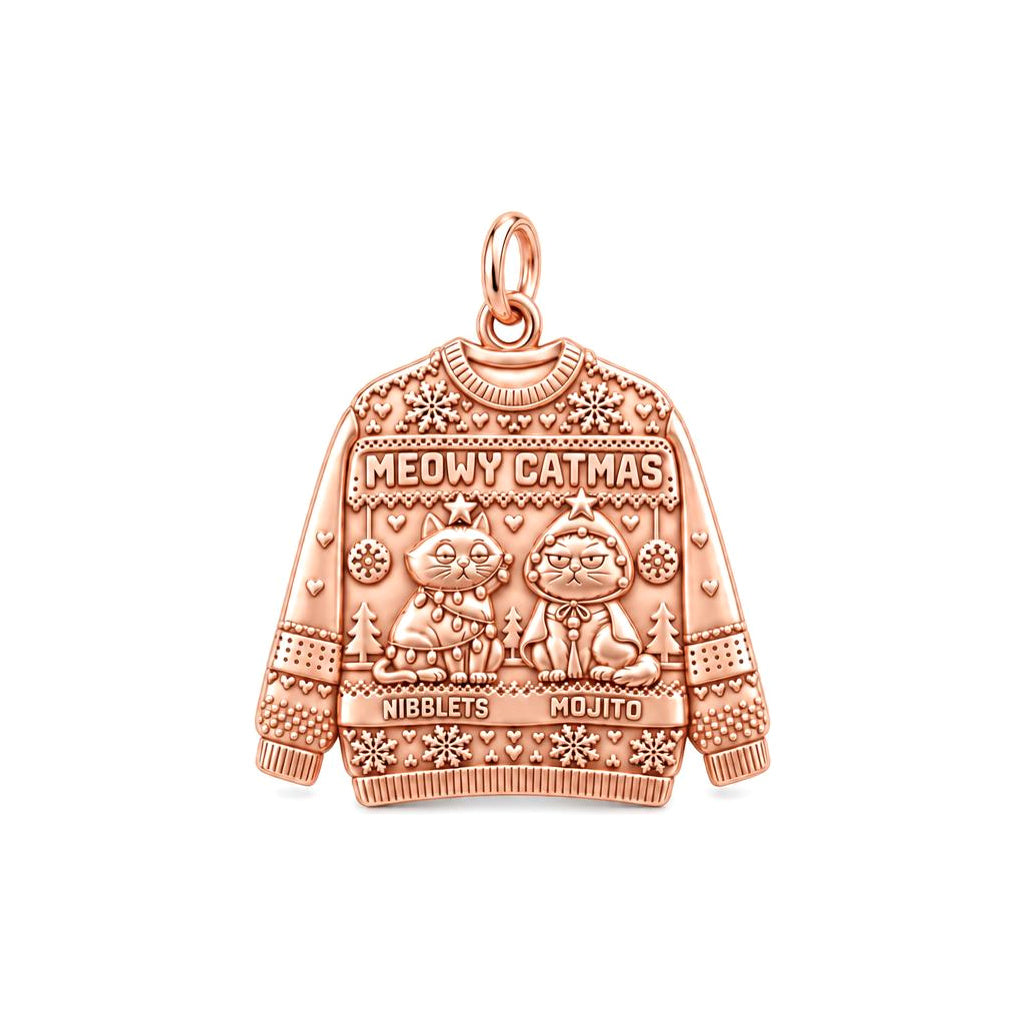 Meowy Catmas Sweater Charm Bracelet – Personalized Cat Mom Gift – rose gold 2 cm charm, front view
