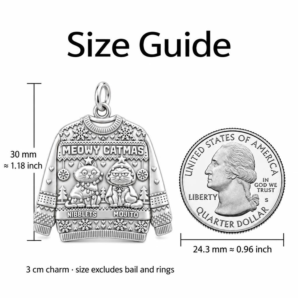 Meowy Catmas Sweater Charm Bracelet – Personalized Cat Mom Gift – size guide, 2 cm charm next to a quarter