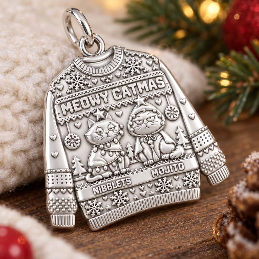 Meowy Catmas Sweater Charm Bracelet – Personalized Cat Mom Gift – macro detail of the charm