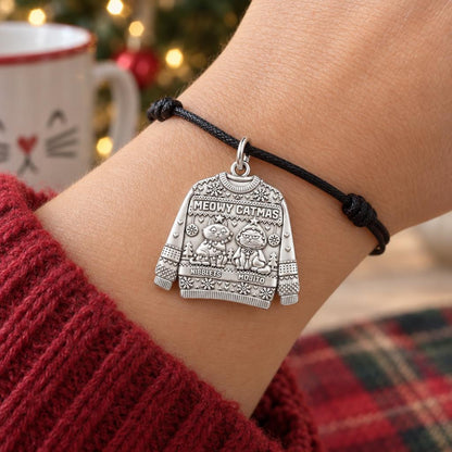 Meowy Catmas Sweater Charm Bracelet – Personalized Cat Mom Gift – worn on the wrist on a black cord bracelet