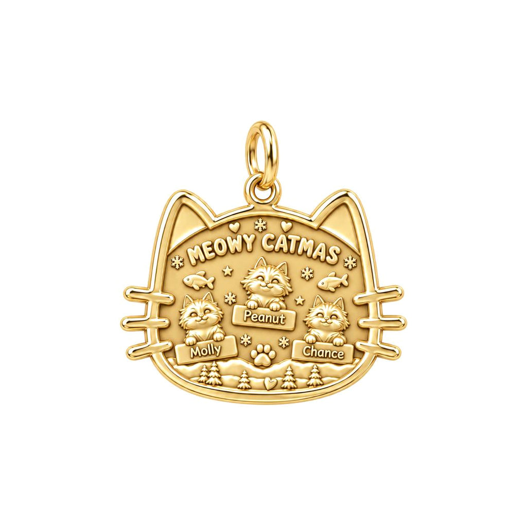 Meowy Catmas Winter Scene Charm Bracelet – Personalized Cat Mom Gift – 18K gold plated 3 cm charm, front view