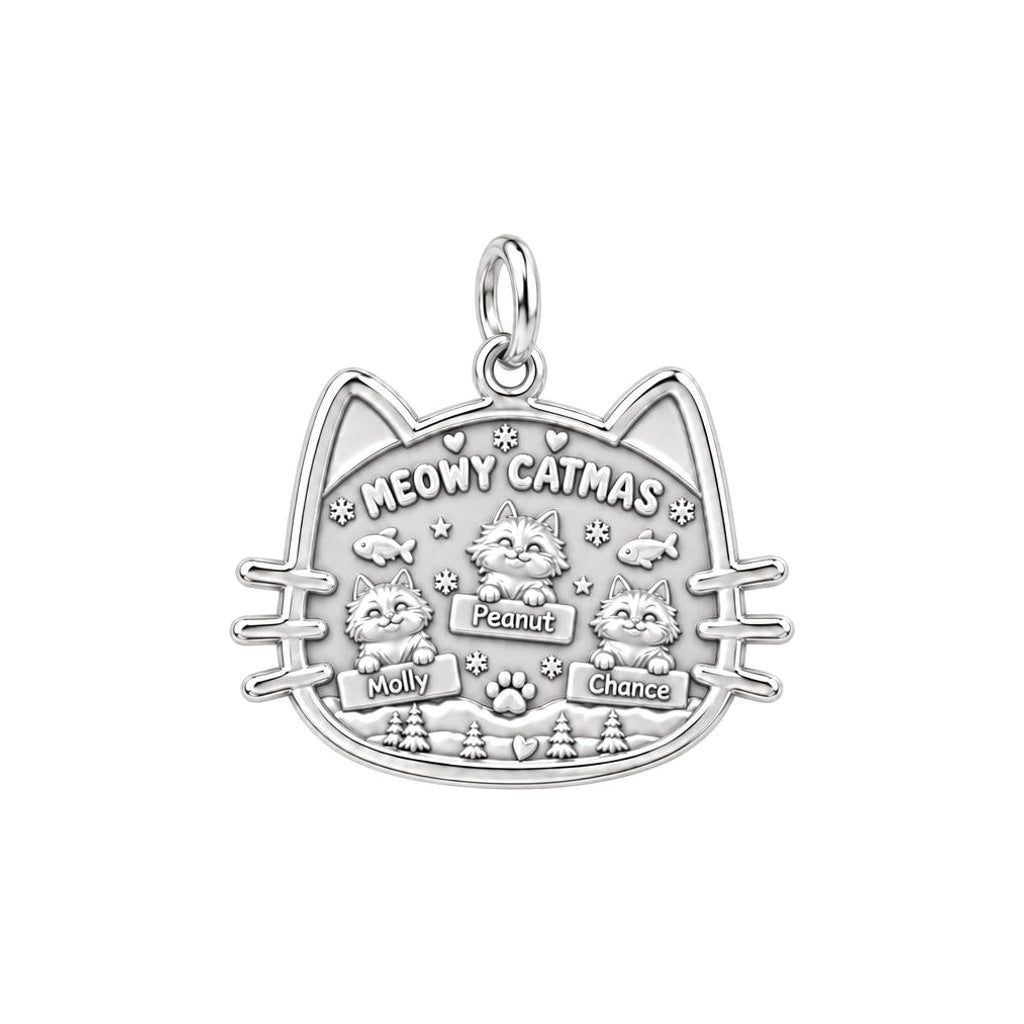 Meowy Catmas Winter Scene Charm Bracelet – Personalized Cat Mom Gift – silver plated 3 cm charm, front view