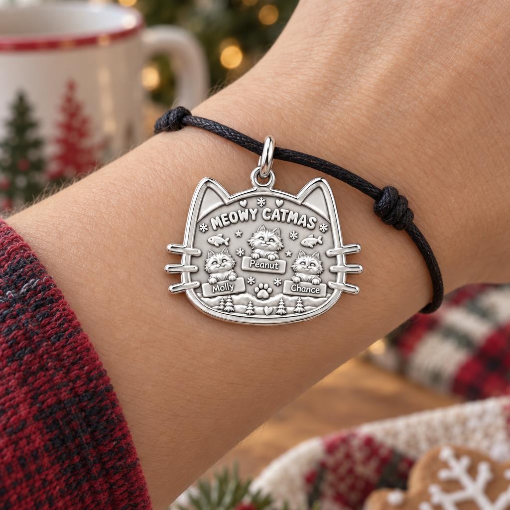 Meowy Catmas Winter Scene Charm Bracelet – Personalized Cat Mom Gift – worn on the wrist on a black cord bracelet