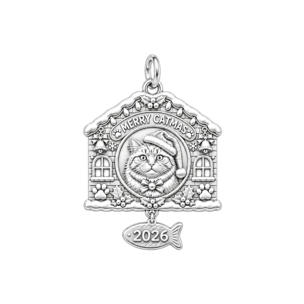 Merry Catmas House Charm Bracelet – Personalized Cat Mom Gift – silver plated 2 cm charm, front view