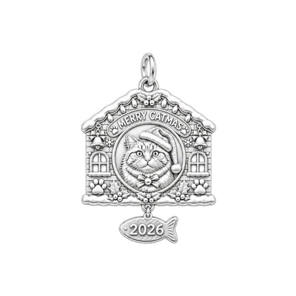 Merry Catmas House Charm Bracelet – Personalized Cat Mom Gift – silver plated 2 cm charm, front view