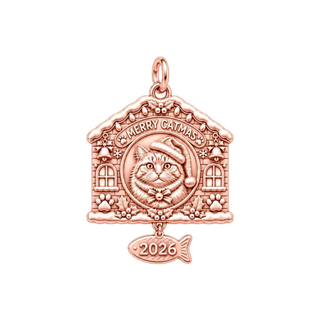Merry Catmas House Charm Bracelet – Personalized Cat Mom Gift – rose gold 2 cm charm, front view