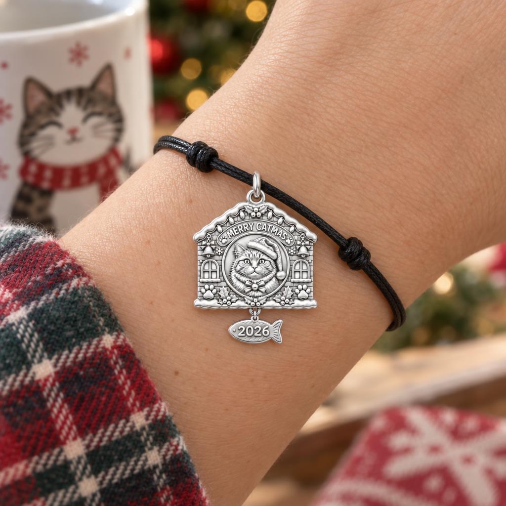 Merry Catmas House Charm Bracelet – Personalized Cat Mom Gift – worn on the wrist on a black cord bracelet