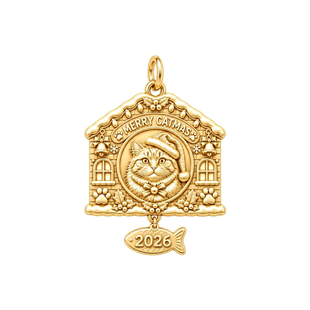 Merry Catmas House Charm Bracelet – Personalized Cat Mom Gift – 18K gold plated 2 cm charm, front view