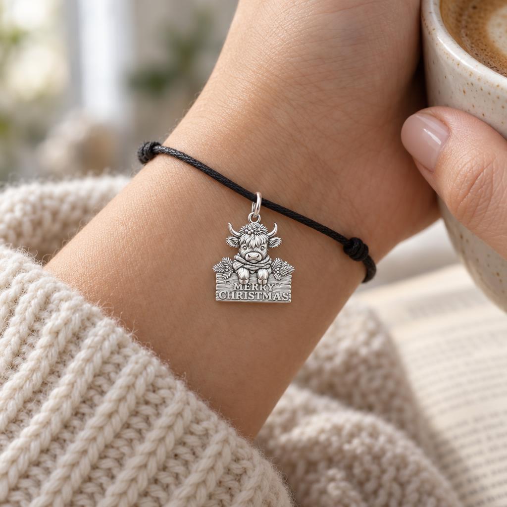 Merry Christmas Highland Cow Charm and Polyester Cord Bracelet Set