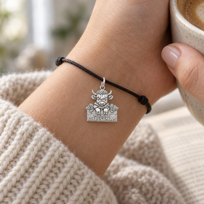 Merry Christmas Highland Cow Charm and Polyester Cord Bracelet Set