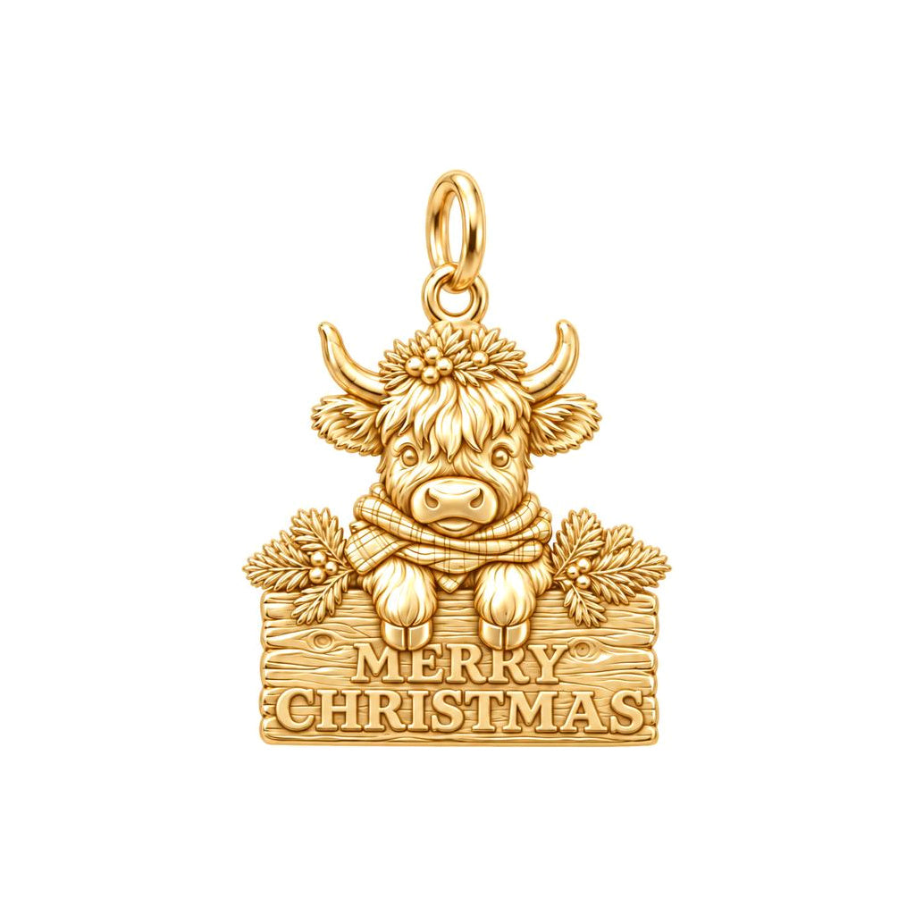 Merry Christmas Highland Cow Charm and Polyester Cord Bracelet Set