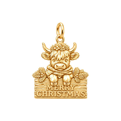 Merry Christmas Highland Cow Charm and Polyester Cord Bracelet Set