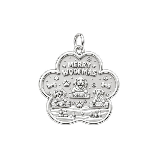 Merry Woofmas Paw Charm Bracelet – Personalized Dog Mom Gift – silver plated 3 cm charm, front view