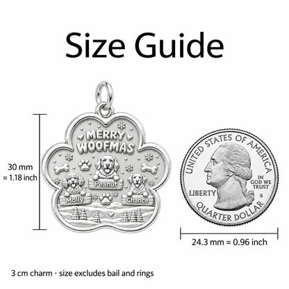 Merry Woofmas Paw Charm Bracelet – Personalized Dog Mom Gift – size guide, 3 cm charm next to a quarter
