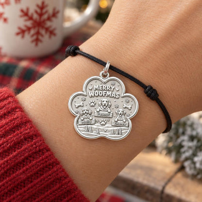 Merry Woofmas Paw Charm Bracelet – Personalized Dog Mom Gift – worn on the wrist on a black cord bracelet