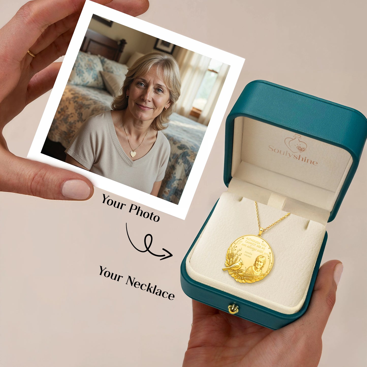 Soulyshine Eternal Presence Personalized Memorial -  Upload Photo Necklace in Sterling Silver/14K Gold Vermeil