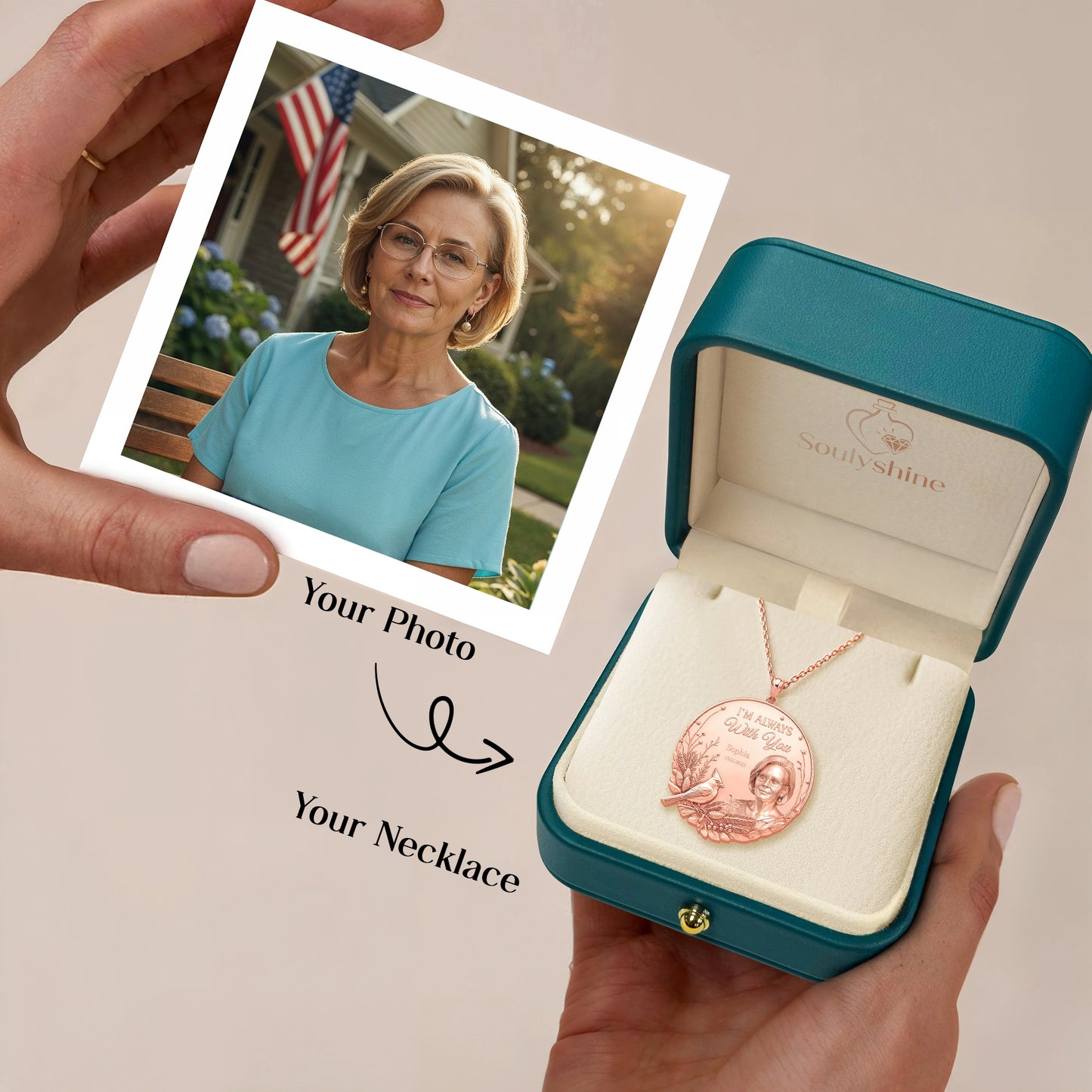 Soulyshine Eternal Presence Personalized Memorial -  Upload Photo Necklace in Sterling Silver/14K Gold Vermeil