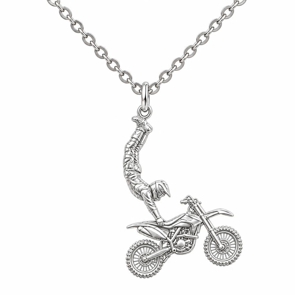 Midair Motocross Stunt Charm Necklace Set – silver, front view