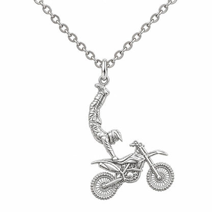 Midair Motocross Stunt Charm Necklace Set – silver, front view