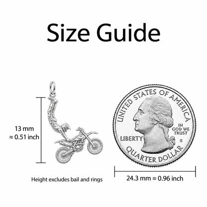 Midair Motocross Stunt Charm Necklace Set – size guide, 13 mm charm next to a quarter