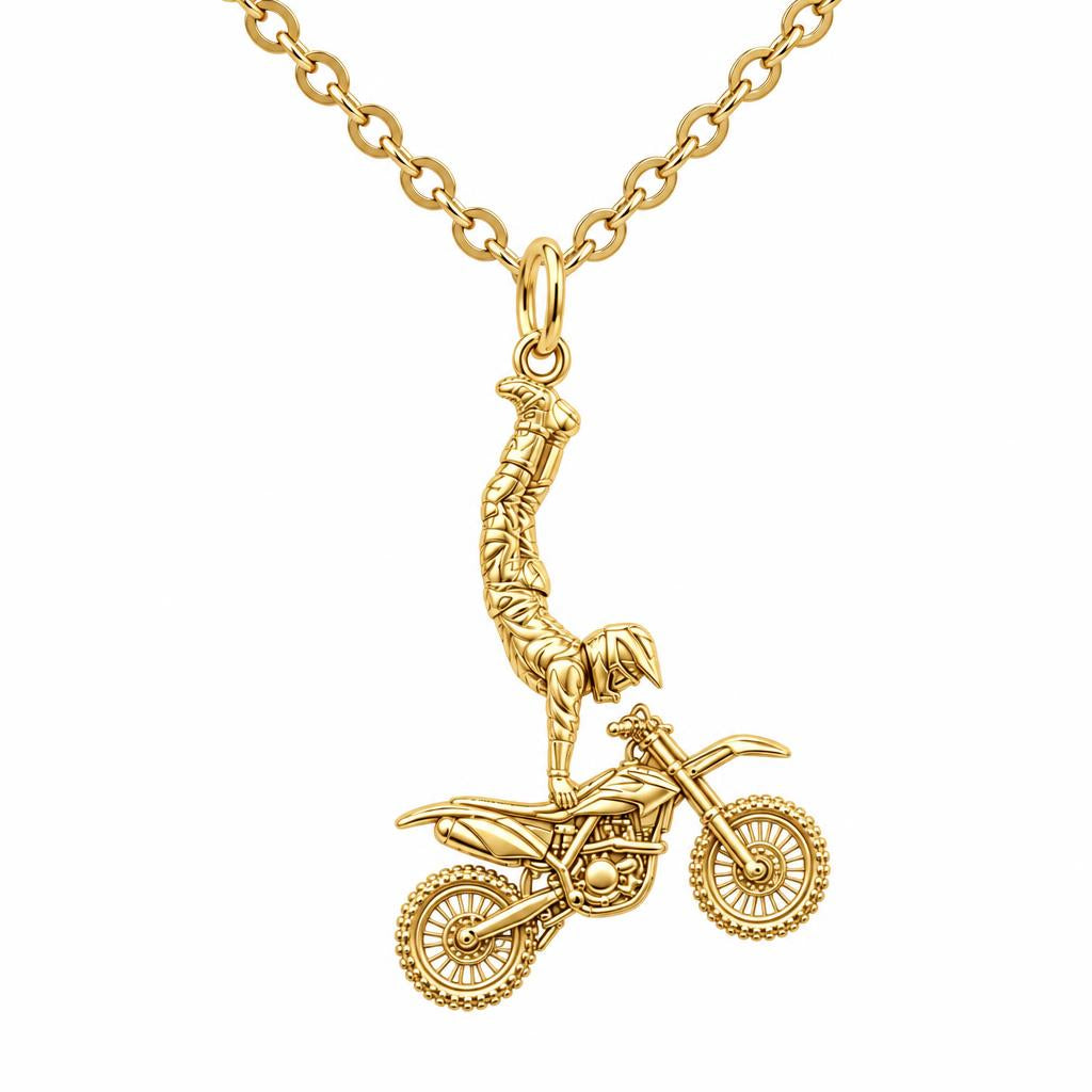 Midair Motocross Stunt Charm Necklace Set – 18K gold, front view