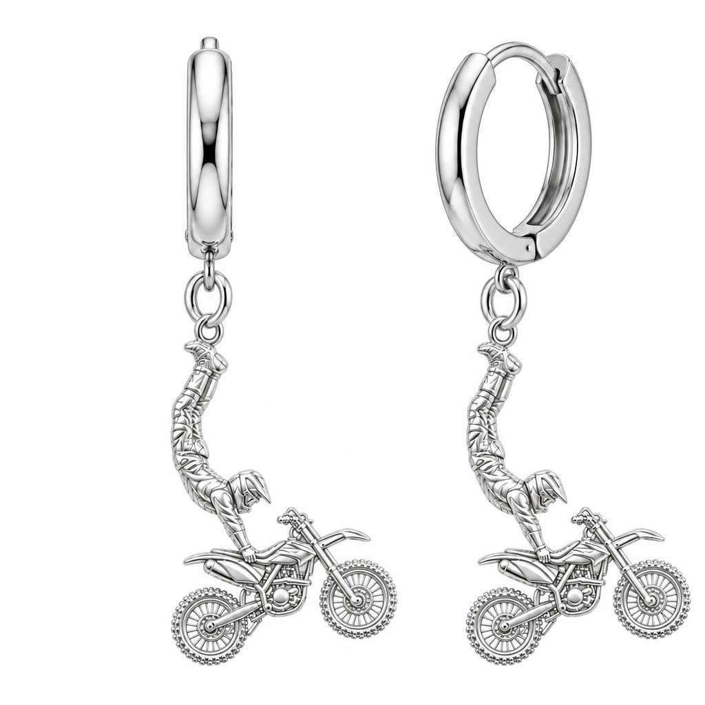 Midair Motocross Stunt Huggie Charm Earrings – silver, front view