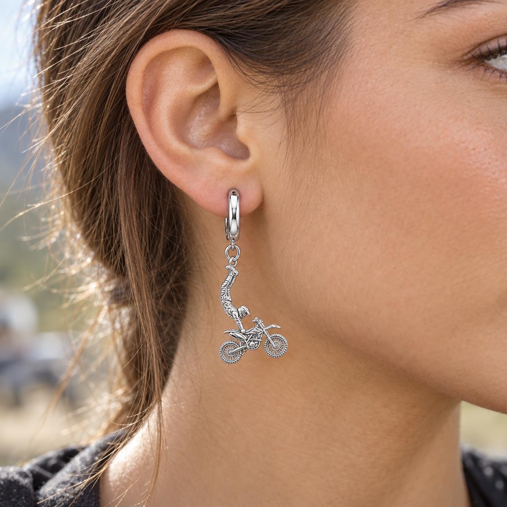 Midair Motocross Stunt Huggie Charm Earrings – worn / in use