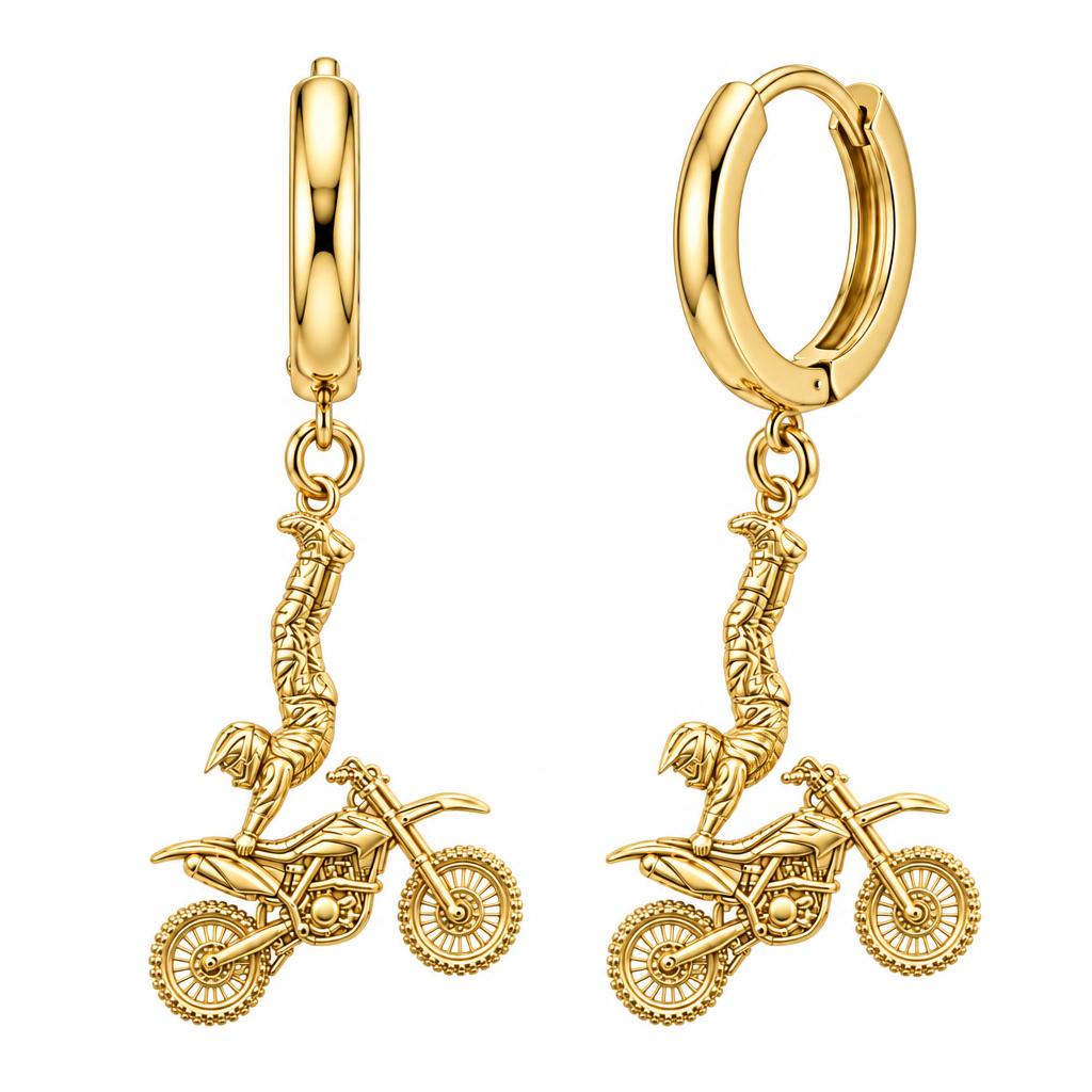 Midair Motocross Stunt Huggie Charm Earrings – 18K gold, front view