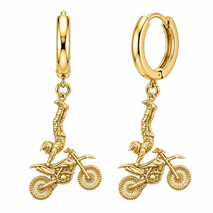 Midair Motocross Stunt Huggie Charm Earrings – 18K gold, front view