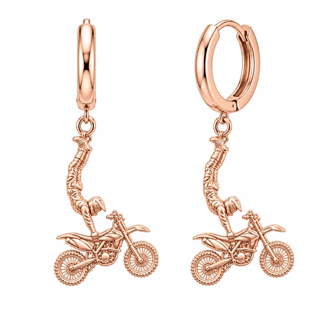 Midair Motocross Stunt Huggie Charm Earrings – rose gold, front view