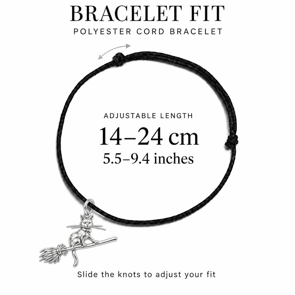 Midnight Flight Cat Charm Bracelet – Personalized Cat Mom Gift – adjustable black cord bracelet, 14–24 cm