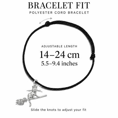 Midnight Flight Cat Charm Bracelet – Personalized Cat Mom Gift – adjustable black cord bracelet, 14–24 cm
