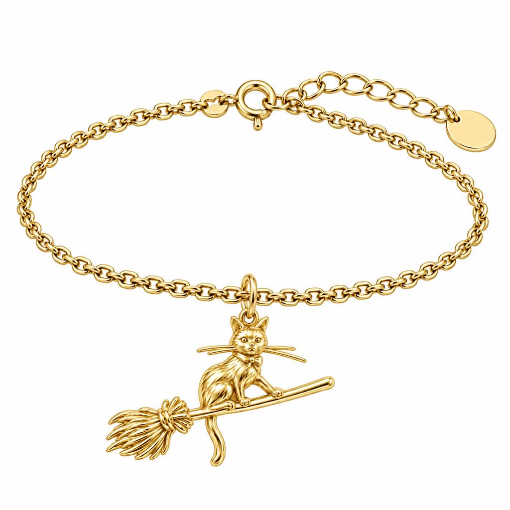 Midnight Flight Cat Charm Bracelet Set – 18K gold, front view