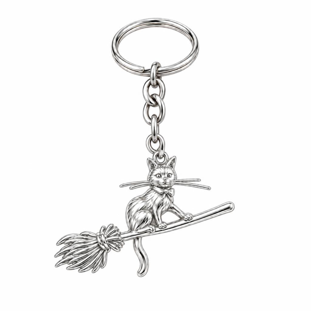 Midnight Flight Cat Charm Keychain – silver, front view