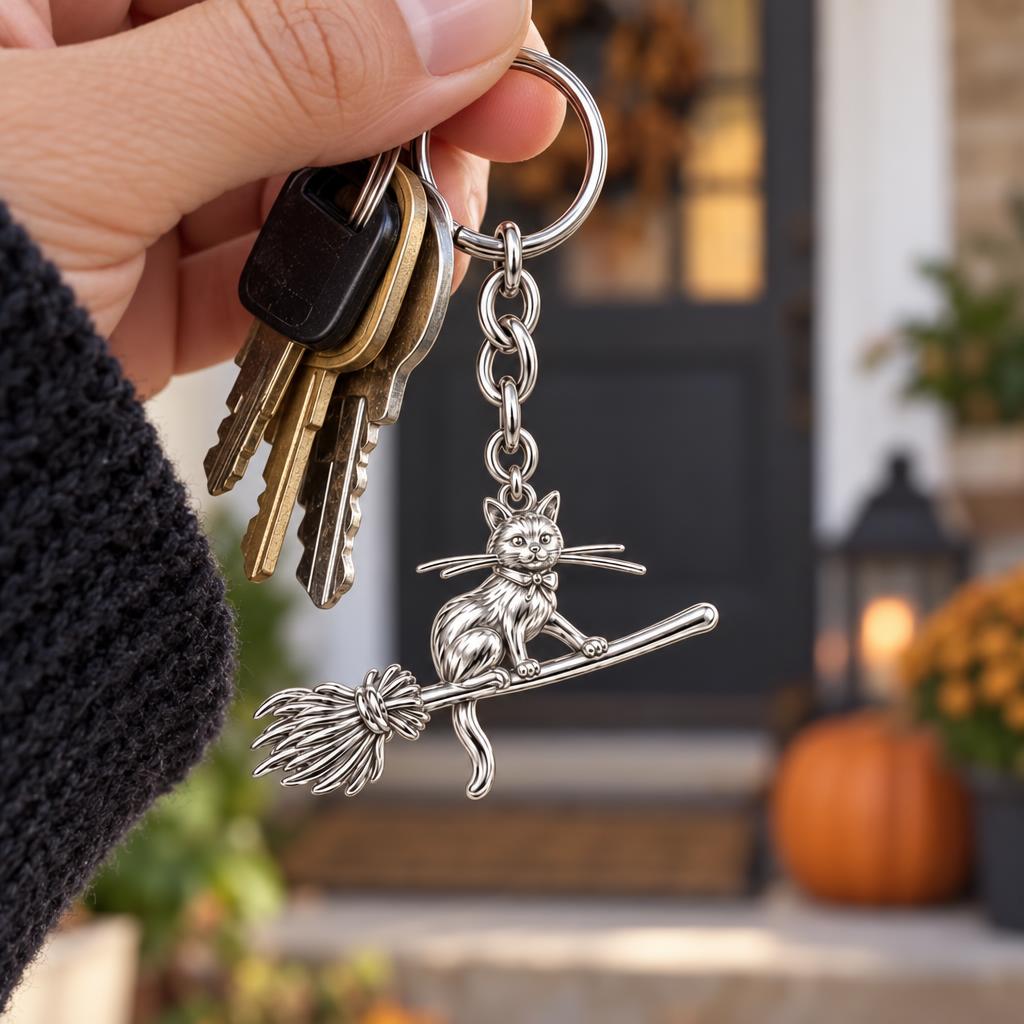 Midnight Flight Cat Charm Keychain – worn / in use