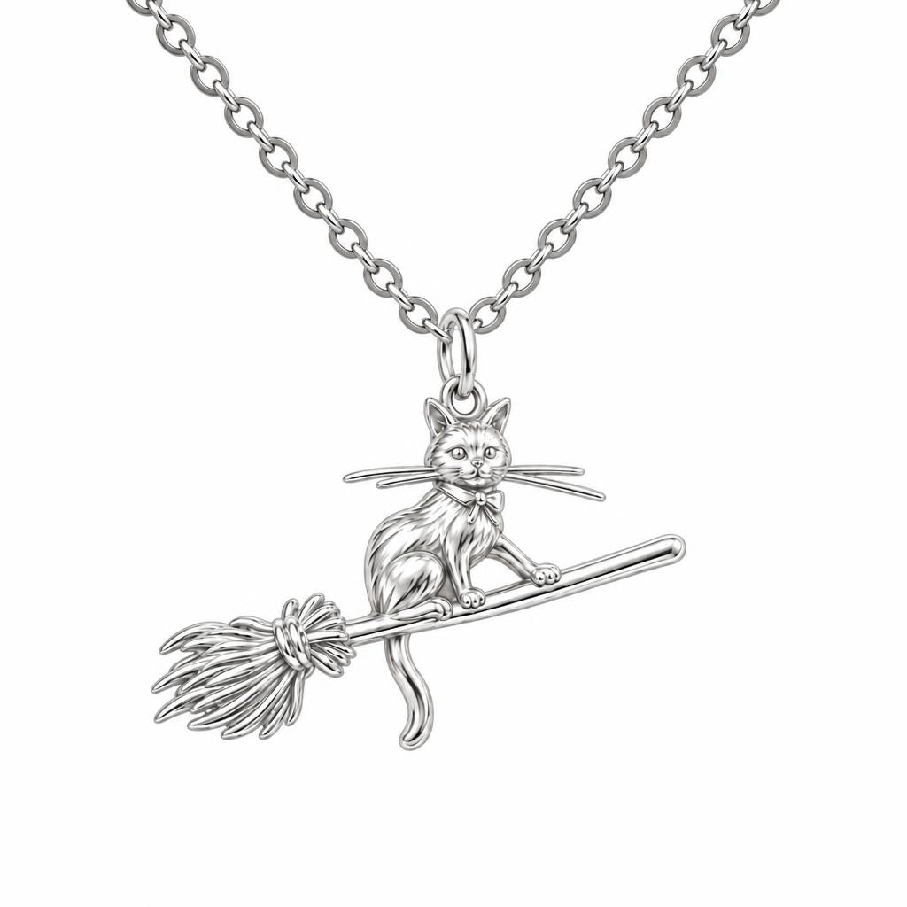 Midnight Flight Cat Charm Necklace Set – silver, front view