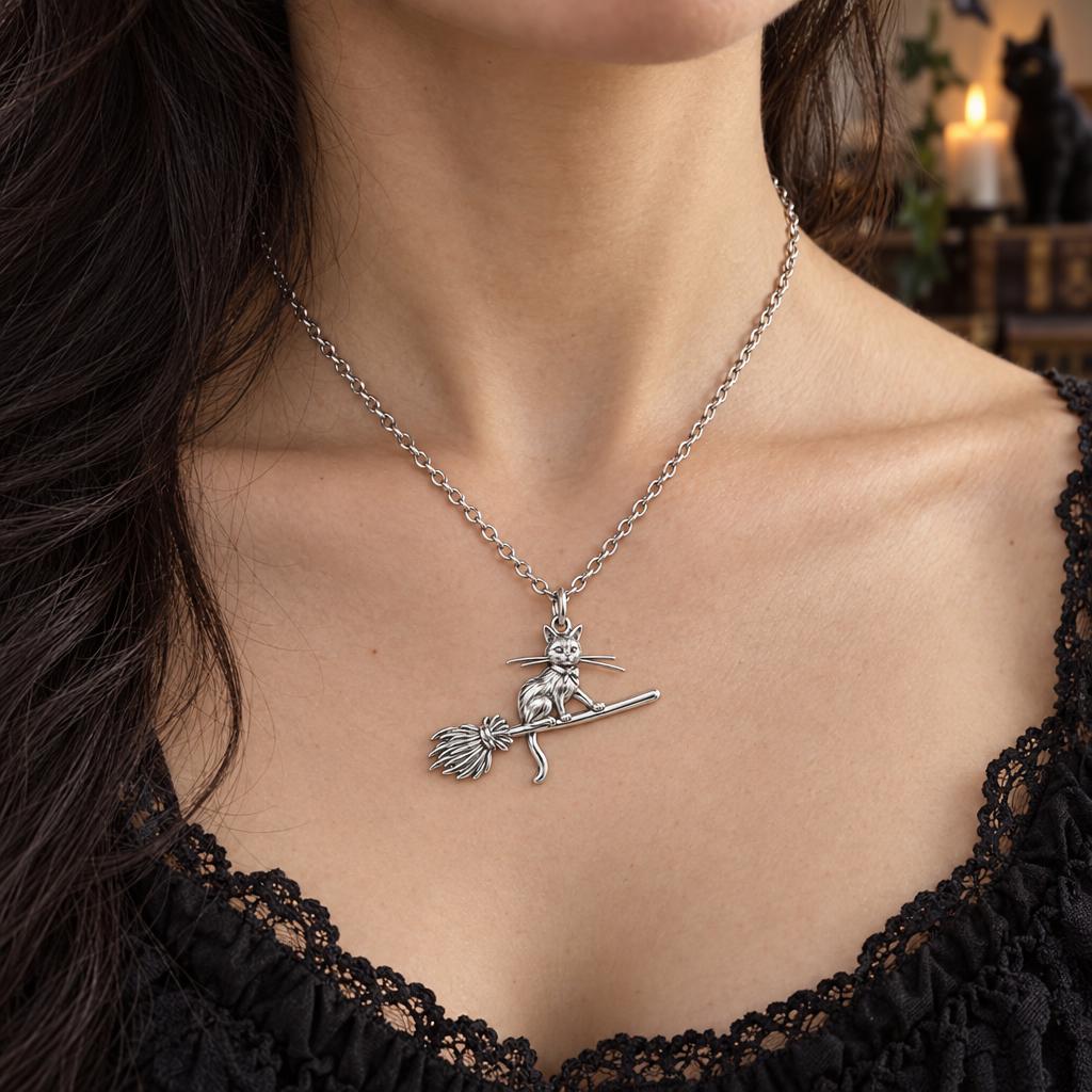 Midnight Flight Cat Charm Necklace Set – worn / in use