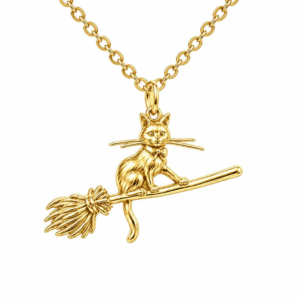 Midnight Flight Cat Charm Necklace Set – 18K gold, front view