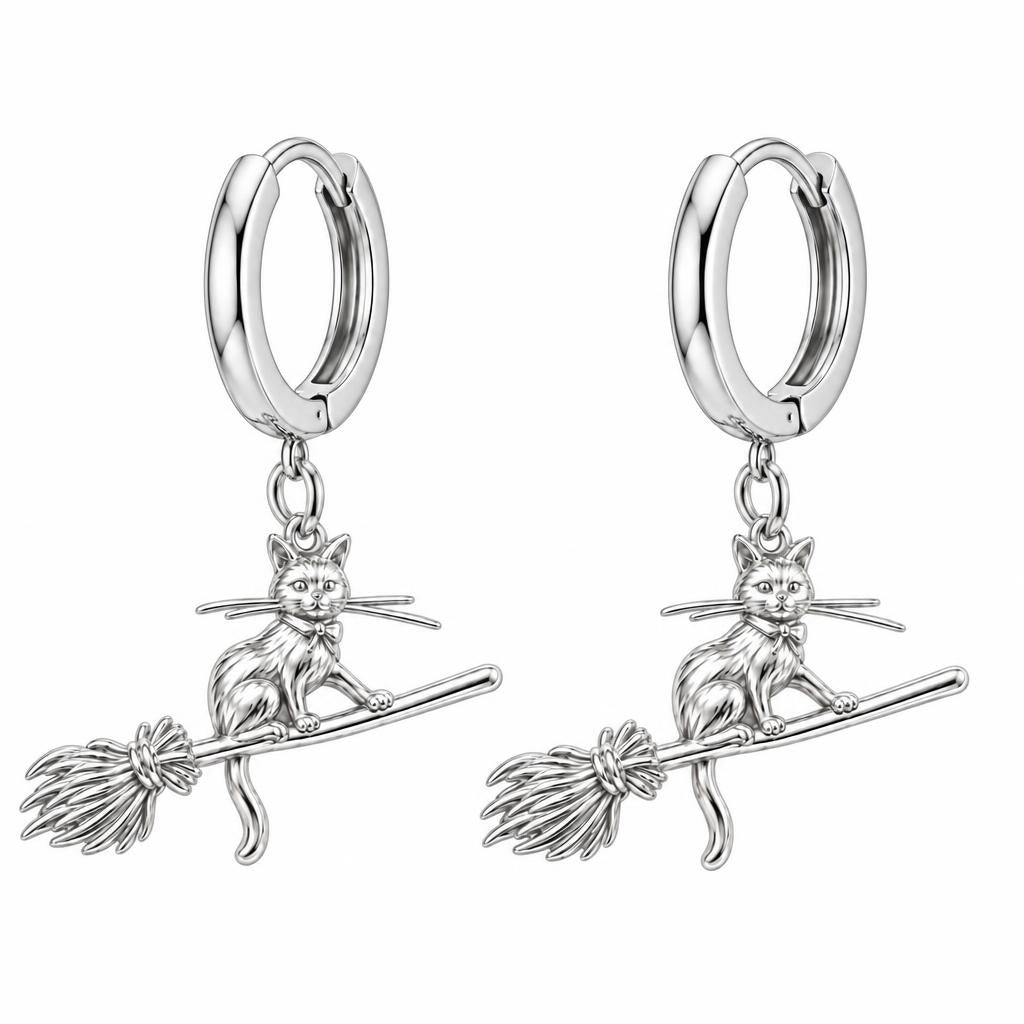 Midnight Flight Cat Huggie Charm Earrings – silver, front view