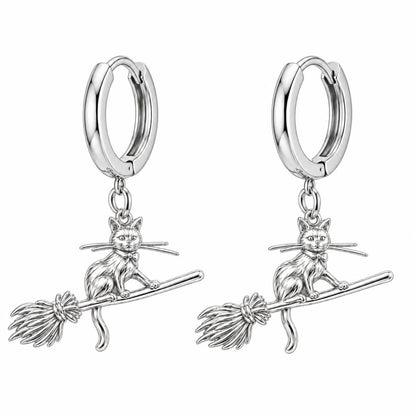 Midnight Flight Cat Huggie Charm Earrings – silver, front view
