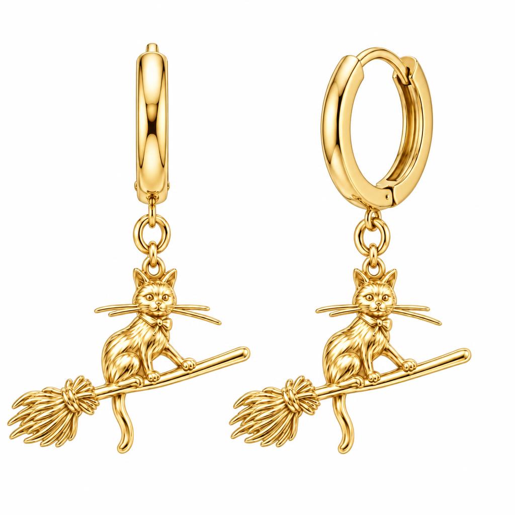 Midnight Flight Cat Huggie Charm Earrings – 18K gold, front view