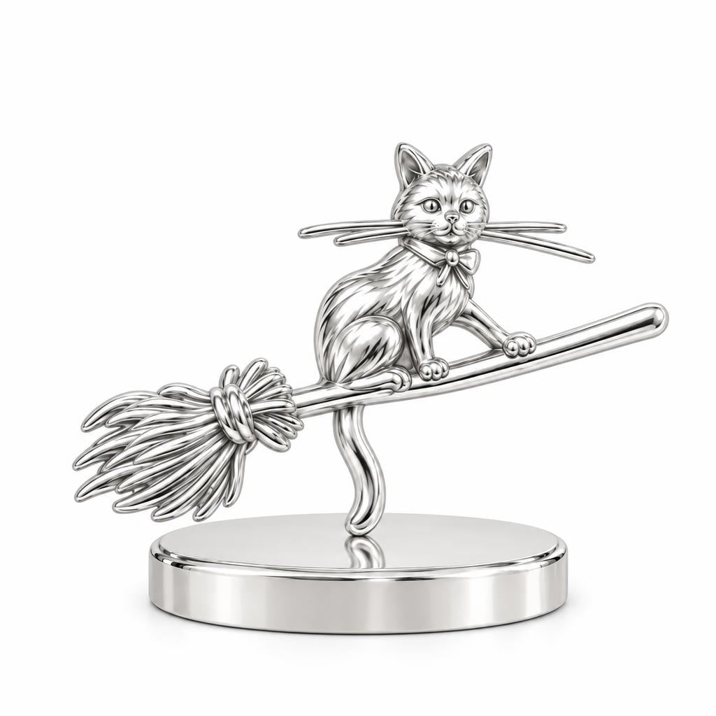 Midnight Flight Cat Keepsake Plaque – silver, front view
