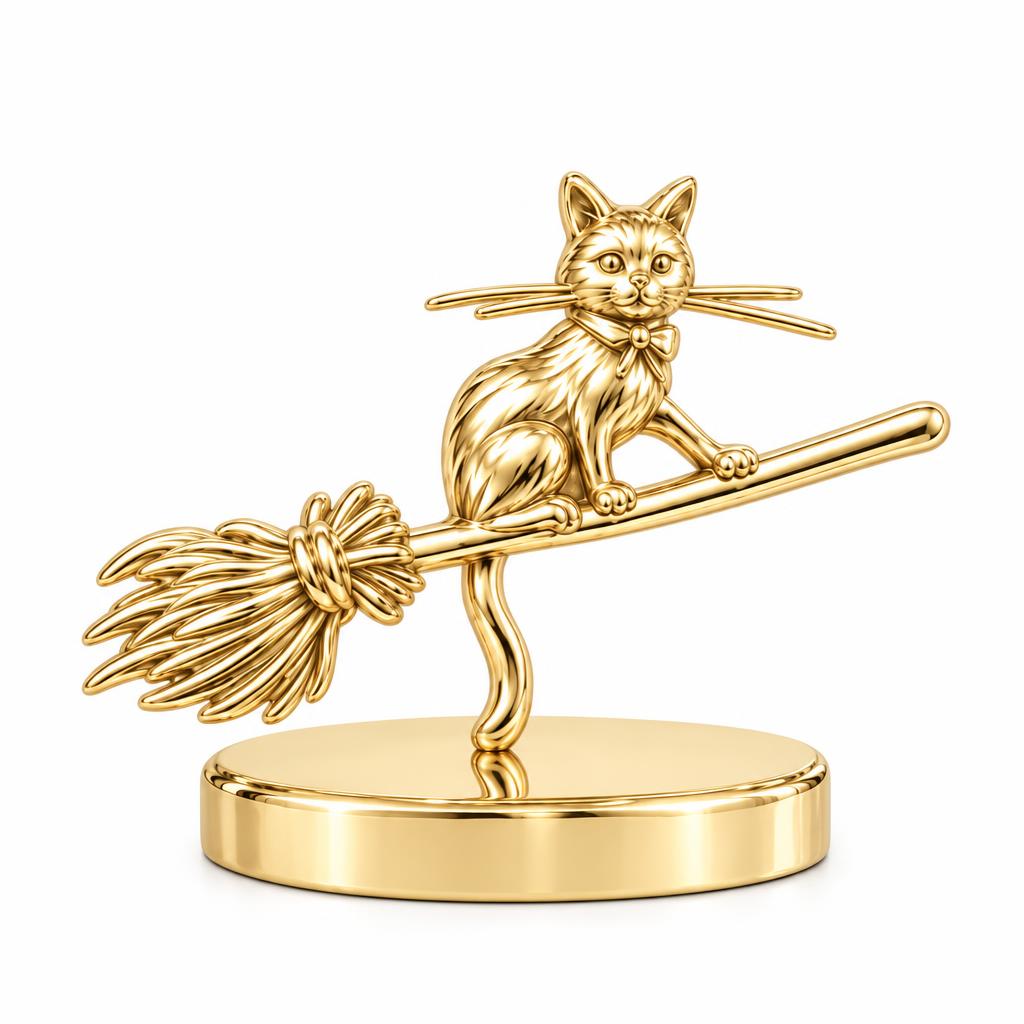 Midnight Flight Cat Keepsake Plaque – 18K gold, front view