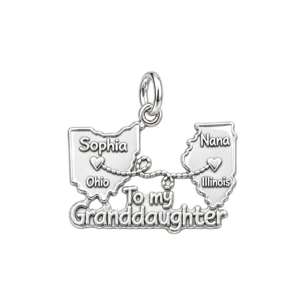 Miles Apart Connection Charm Bracelet – Personalized Granddaughter – silver plated 3 cm charm, front view